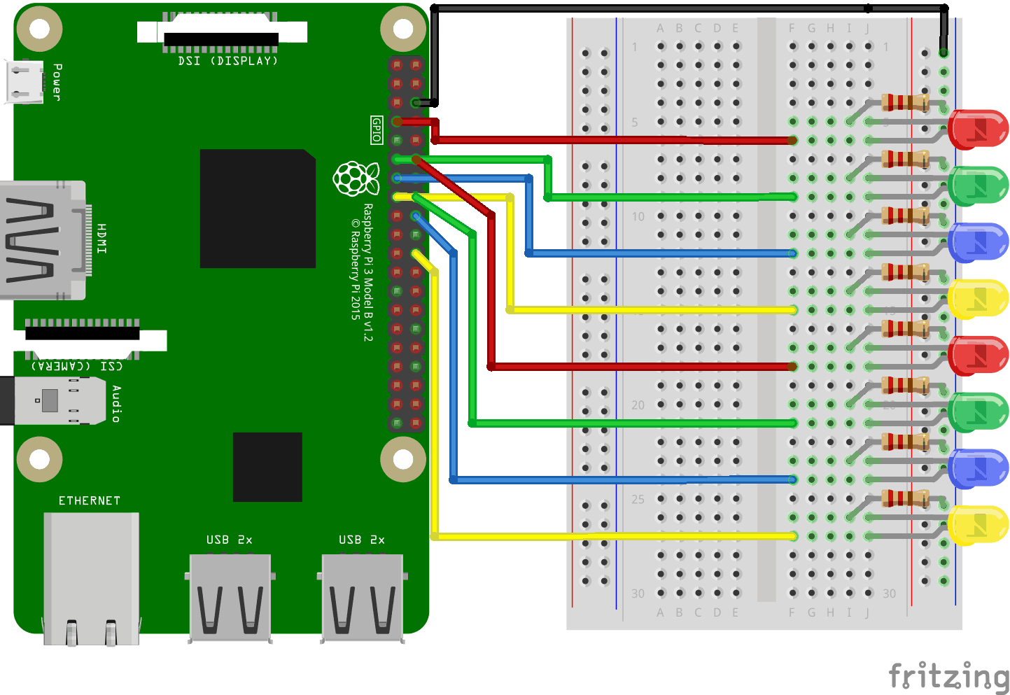 树莓派(Raspberry Pi) 3 with Breadboard. Flowing LEDs circuit